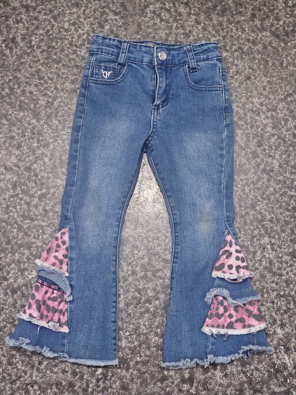Girls' Denim Jeans with Pink Leopard Ruffle Hem